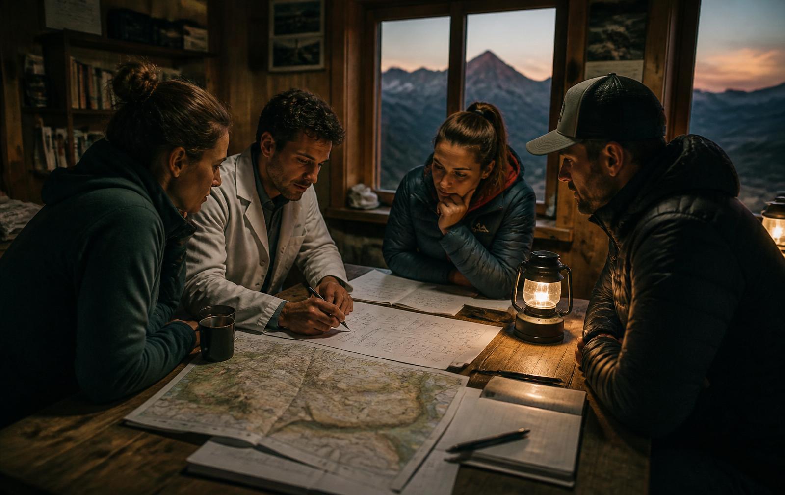Founders, scientists, clinicians and athletes planning together at a mountain refuge